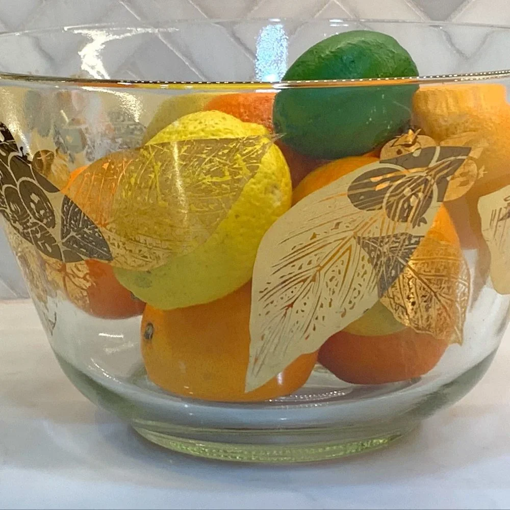 Vintage MCM Salad Bowl -Gold Leaf and Berries -Large